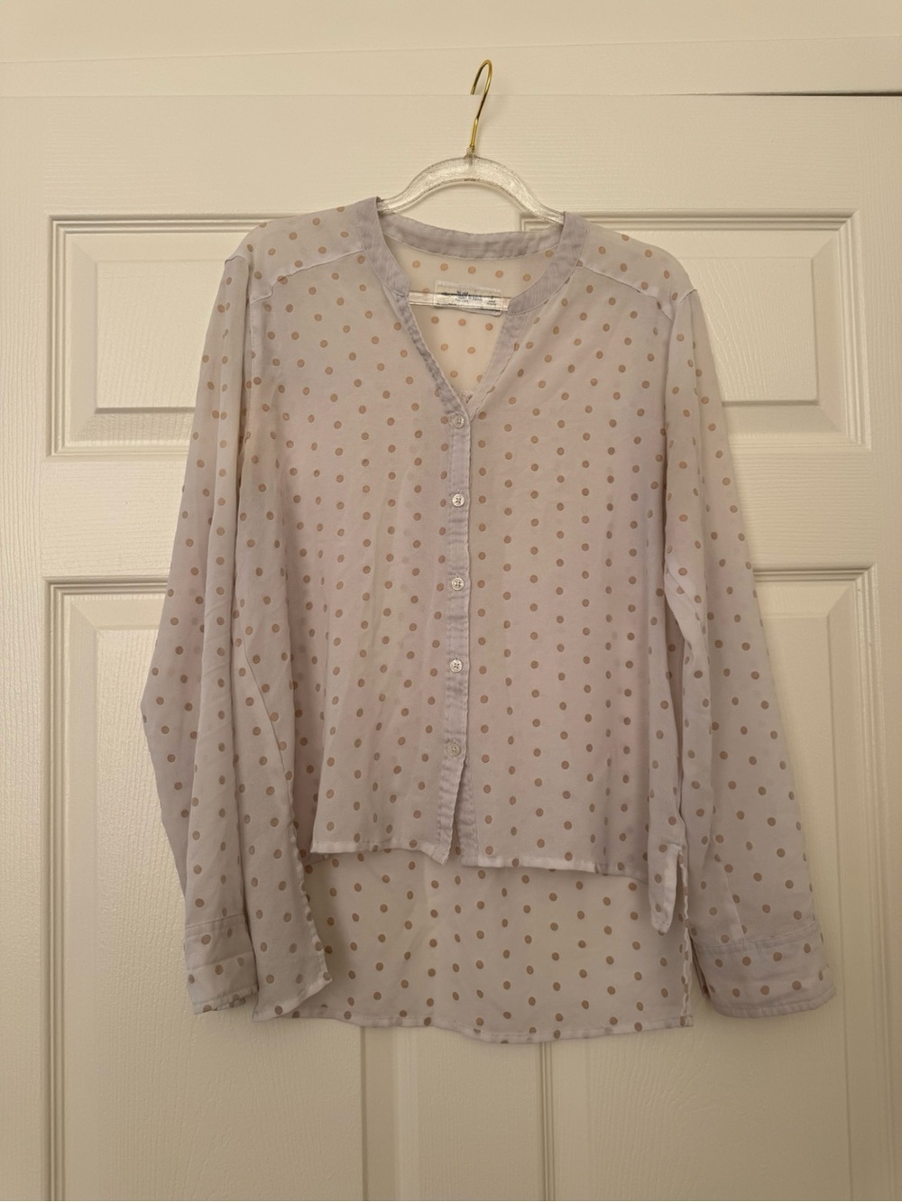 White Sheer Polka Dot High Low Button-Front Blouse
